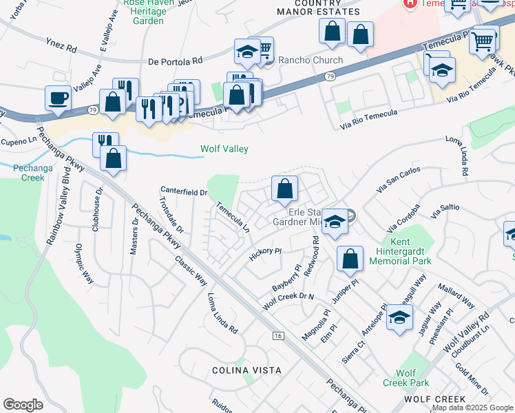 map of restaurants, bars, coffee shops, grocery stores, and more near 31144 Sunflower Way in Temecula