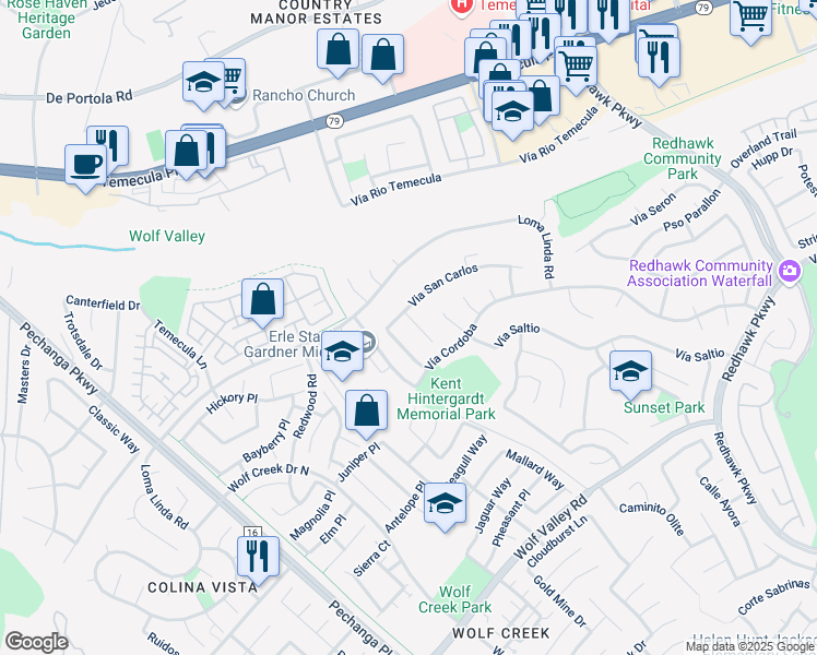 map of restaurants, bars, coffee shops, grocery stores, and more near 45057 Corte Camellia in Temecula