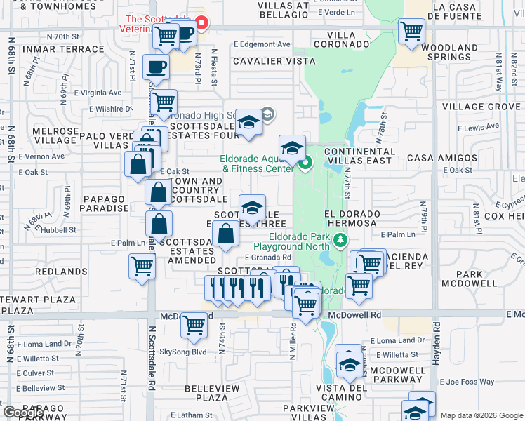map of restaurants, bars, coffee shops, grocery stores, and more near 7504 East Holly Street in Scottsdale