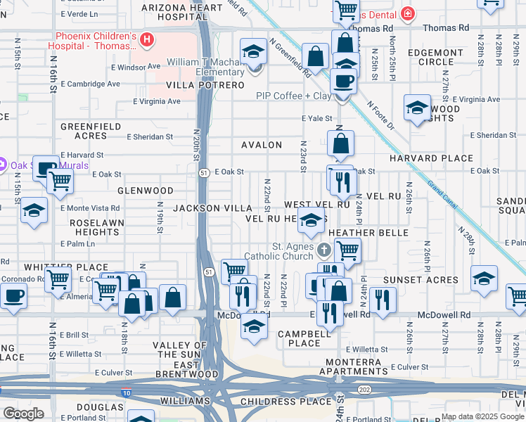 map of restaurants, bars, coffee shops, grocery stores, and more near 2046 North 22nd Street in Phoenix