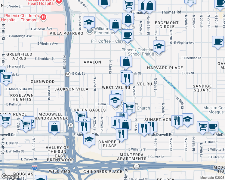 map of restaurants, bars, coffee shops, grocery stores, and more near 2045 North 23rd Street in Phoenix