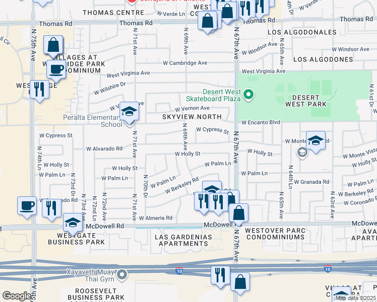 map of restaurants, bars, coffee shops, grocery stores, and more near 6848 West Holly Street in Phoenix