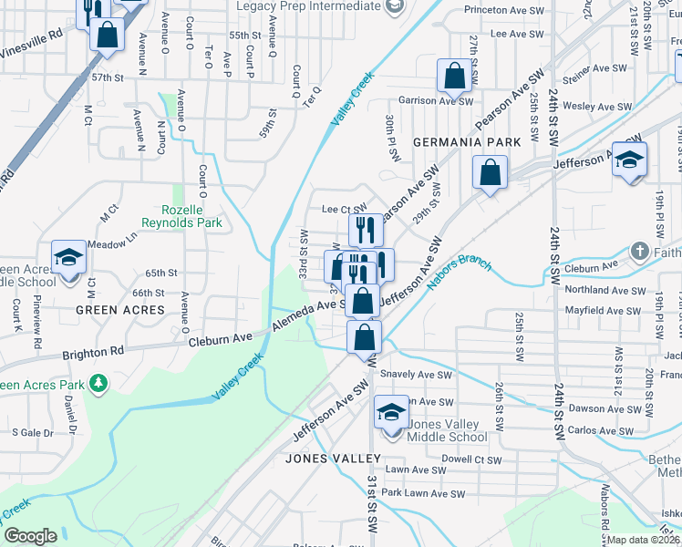 map of restaurants, bars, coffee shops, grocery stores, and more near 3126 Beulah Avenue Southwest in Birmingham