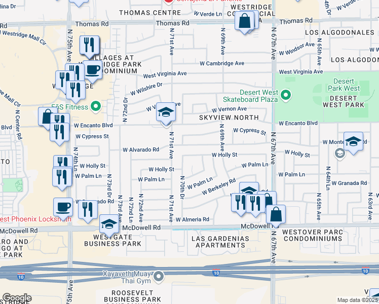 map of restaurants, bars, coffee shops, grocery stores, and more near 7018 W Holly St in Phoenix
