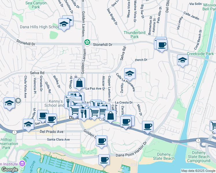 map of restaurants, bars, coffee shops, grocery stores, and more near 33855 Copper Lantern Street in Dana Point