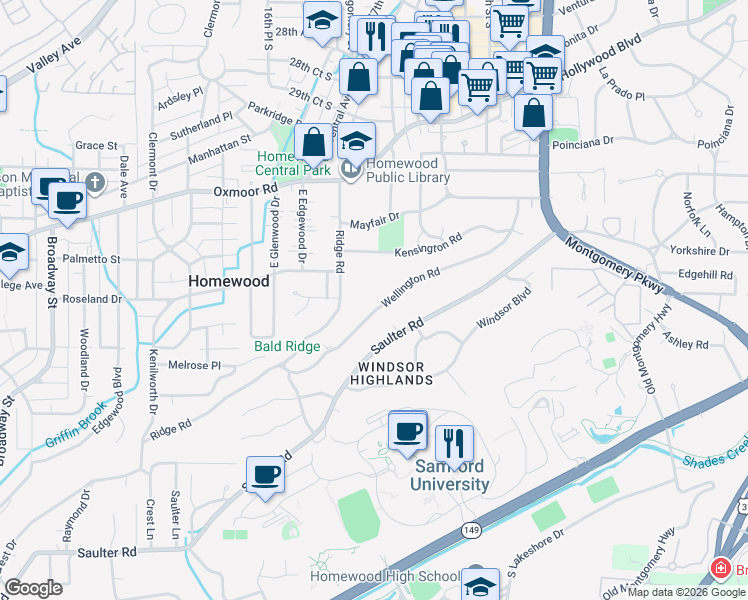 map of restaurants, bars, coffee shops, grocery stores, and more near 1616 Wellington Road in Birmingham