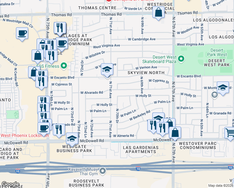 map of restaurants, bars, coffee shops, grocery stores, and more near 7018 West Holly Street in Phoenix