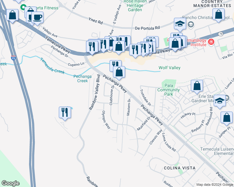 map of restaurants, bars, coffee shops, grocery stores, and more near 45427 Tournament Lane in Temecula