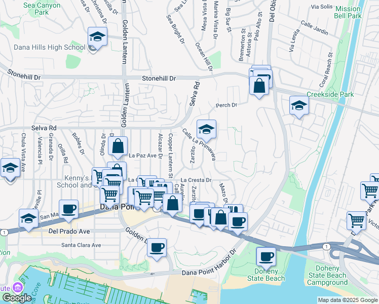 map of restaurants, bars, coffee shops, grocery stores, and more near 33855 Pequito Drive in Dana Point