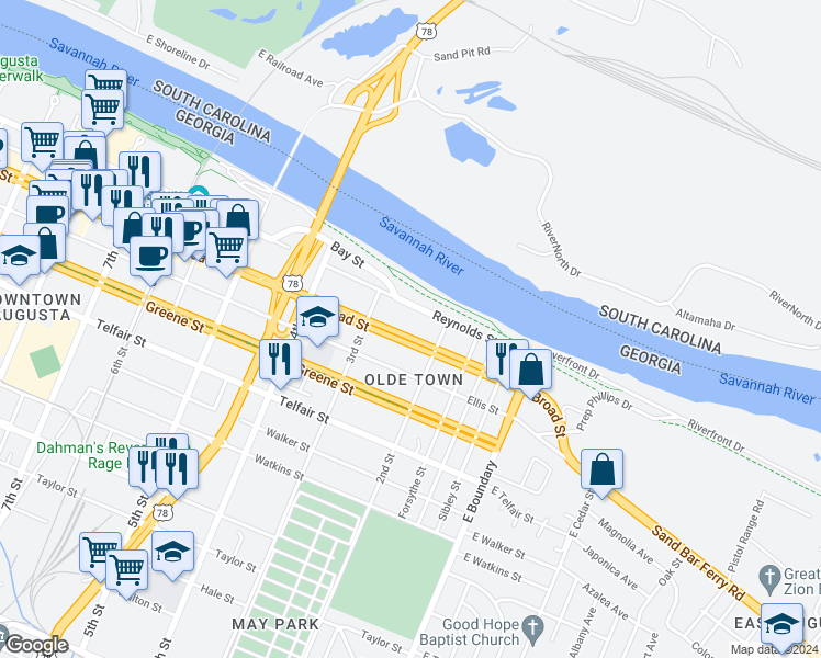 map of restaurants, bars, coffee shops, grocery stores, and more near 227 Broad Street in Augusta