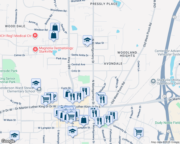 map of restaurants, bars, coffee shops, grocery stores, and more near 328 Critz Street in Starkville