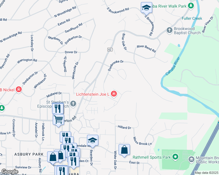 map of restaurants, bars, coffee shops, grocery stores, and more near 3436 Oak Canyon Circle in Birmingham
