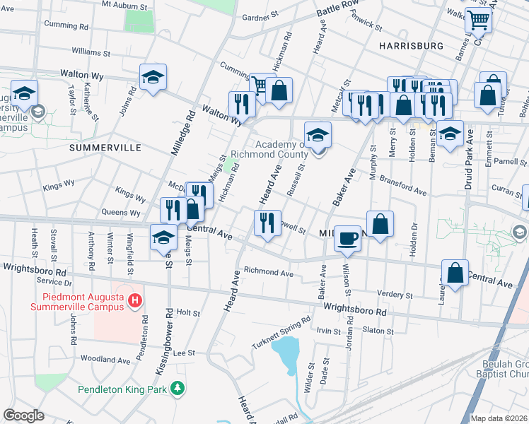 map of restaurants, bars, coffee shops, grocery stores, and more near 1061 Russell Street in Augusta