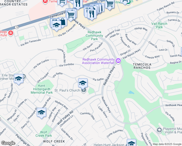 map of restaurants, bars, coffee shops, grocery stores, and more near 32095 Vía Cordoba in Temecula