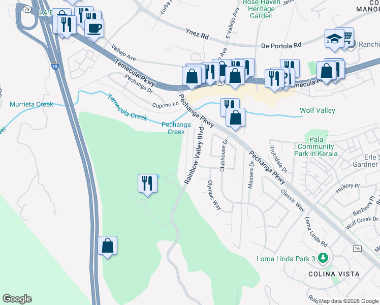 map of restaurants, bars, coffee shops, grocery stores, and more near 45143 Putting Green Court in Temecula