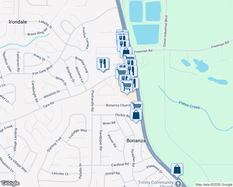 map of restaurants, bars, coffee shops, grocery stores, and more near 10428 Tara Point Drive in Jonesboro