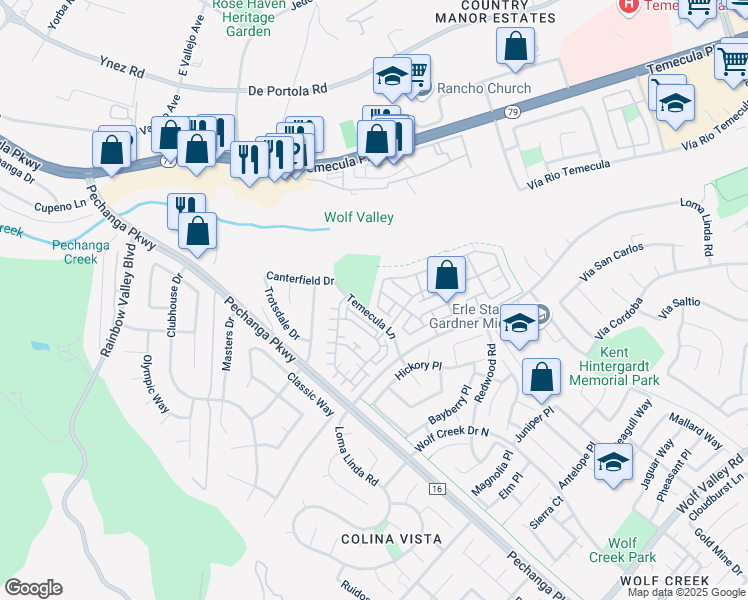 map of restaurants, bars, coffee shops, grocery stores, and more near 31058 Strawberry Tree Lane in Temecula