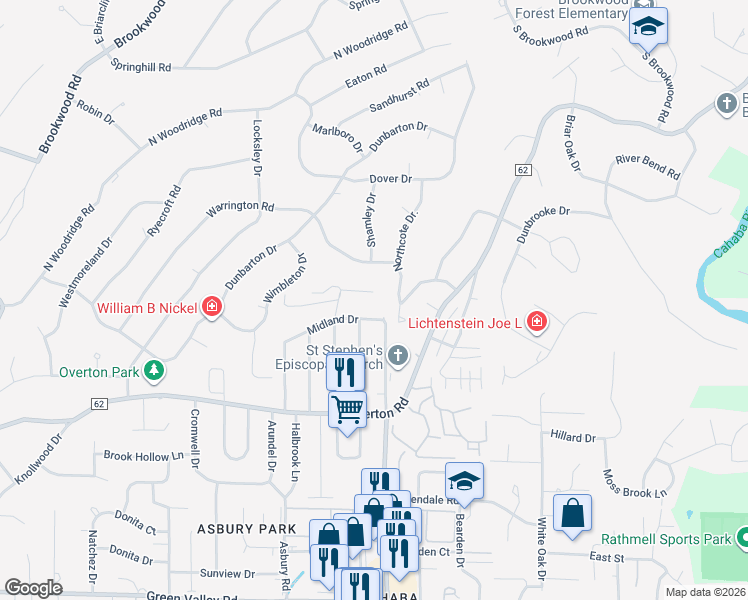 map of restaurants, bars, coffee shops, grocery stores, and more near 3187 Overton Road in Birmingham