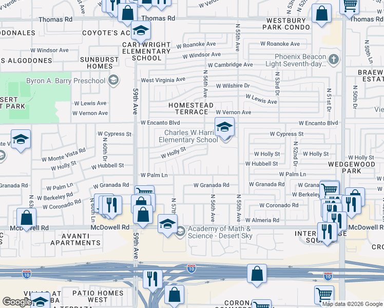 map of restaurants, bars, coffee shops, grocery stores, and more near 5638 West Hubbell Street in Phoenix
