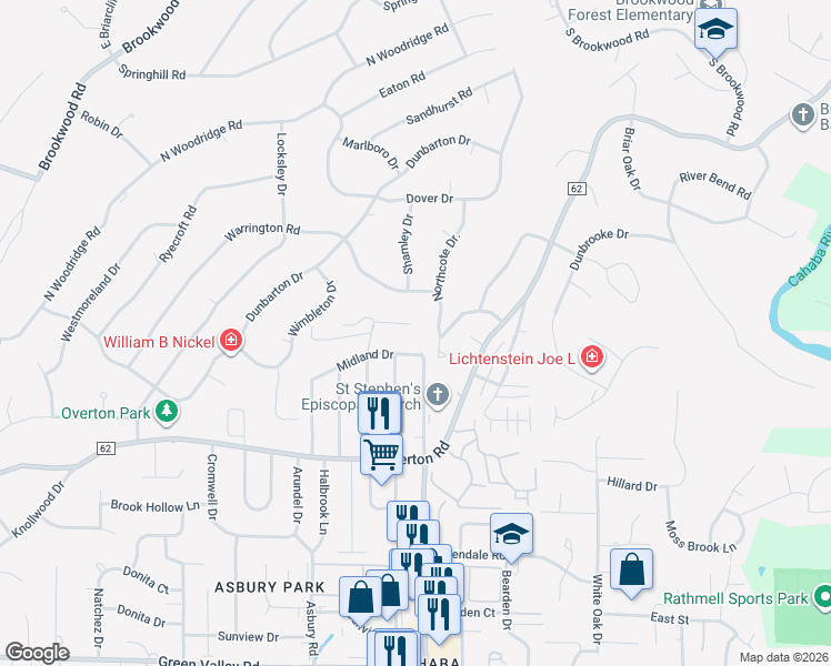 map of restaurants, bars, coffee shops, grocery stores, and more near 3187 Overton Road in Birmingham