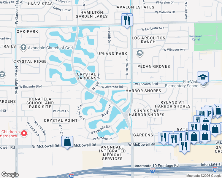 map of restaurants, bars, coffee shops, grocery stores, and more near 10845 West Alvarado Road in Avondale