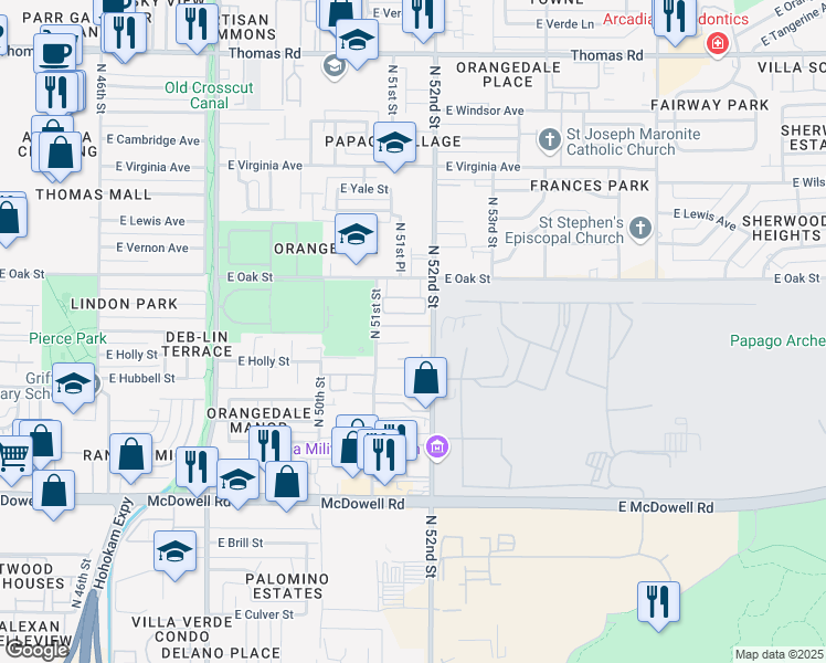 map of restaurants, bars, coffee shops, grocery stores, and more near 5161 E Monte Vista Rd in Phoenix