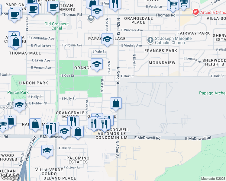 map of restaurants, bars, coffee shops, grocery stores, and more near 5161 East Monte Vista Road in Phoenix
