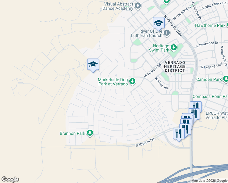 map of restaurants, bars, coffee shops, grocery stores, and more near 2158 North 212th Avenue in Buckeye