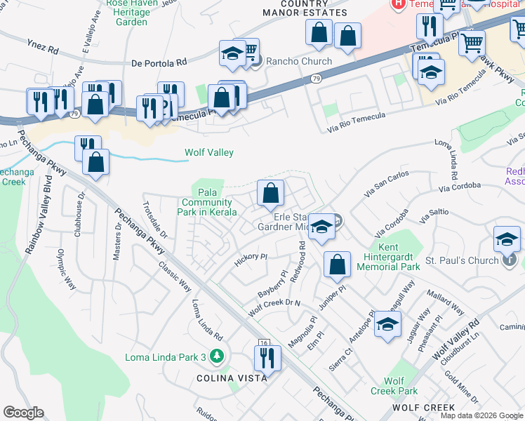 map of restaurants, bars, coffee shops, grocery stores, and more near 31180 Lavender Court in Temecula