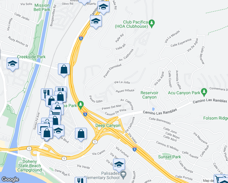 map of restaurants, bars, coffee shops, grocery stores, and more near 26430 Paseo Infinita in San Juan Capistrano