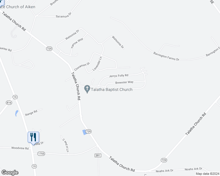 map of restaurants, bars, coffee shops, grocery stores, and more near 641 Crossroads Park Drive in Aiken