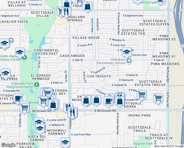 map of restaurants, bars, coffee shops, grocery stores, and more near in Scottsdale
