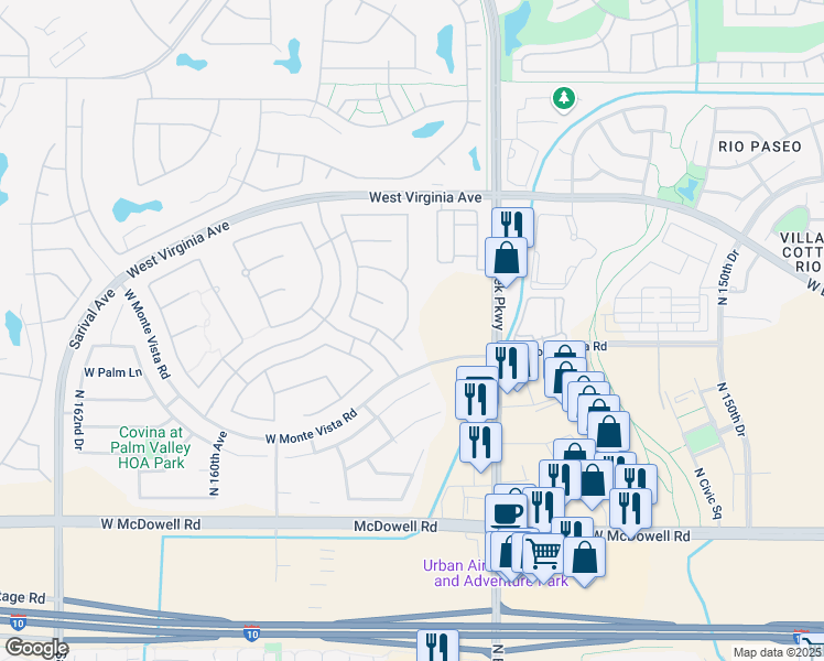 map of restaurants, bars, coffee shops, grocery stores, and more near 2281 North 156th Drive in Goodyear