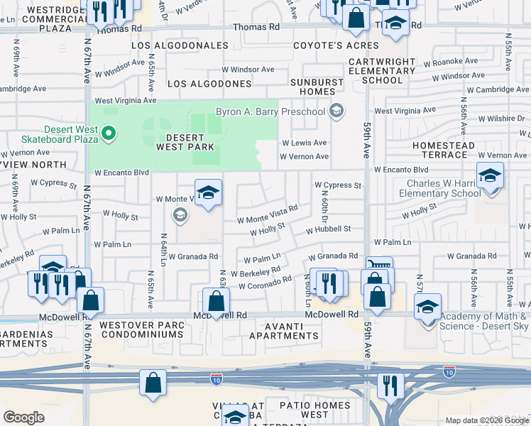 map of restaurants, bars, coffee shops, grocery stores, and more near 6158 West Monte Vista Road in Phoenix