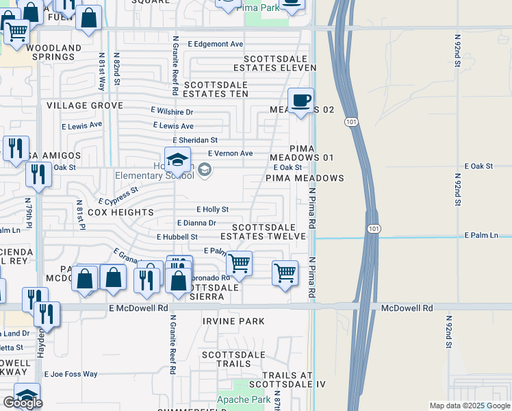 map of restaurants, bars, coffee shops, grocery stores, and more near 8702 East Holly Street in Scottsdale
