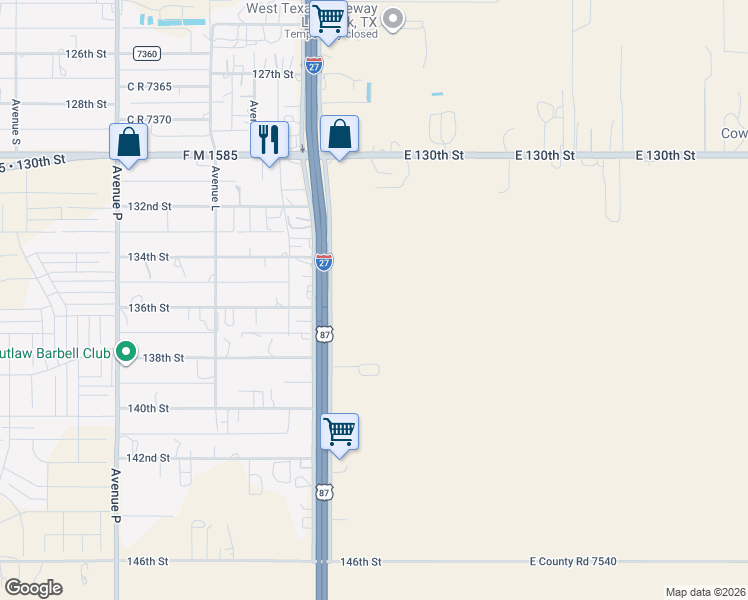 map of restaurants, bars, coffee shops, grocery stores, and more near 13805 U.S. 87 in Lubbock