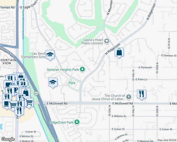map of restaurants, bars, coffee shops, grocery stores, and more near 3069 North Ridgecrest in Mesa