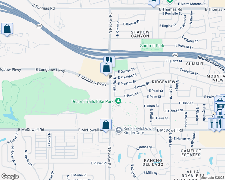 map of restaurants, bars, coffee shops, grocery stores, and more near 6031 East Portia Circle in Mesa