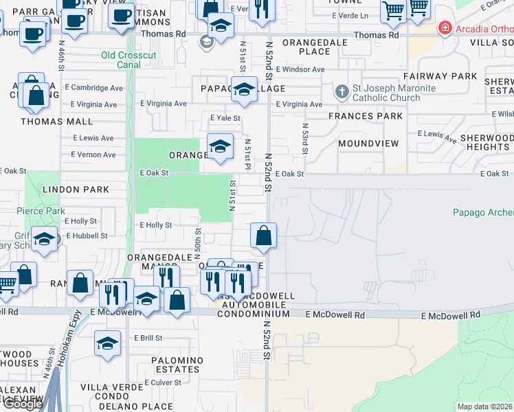 map of restaurants, bars, coffee shops, grocery stores, and more near 5161 East Monte Vista Road in Phoenix