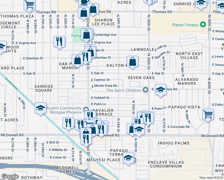 map of restaurants, bars, coffee shops, grocery stores, and more near 3330 East Holly Street in Phoenix