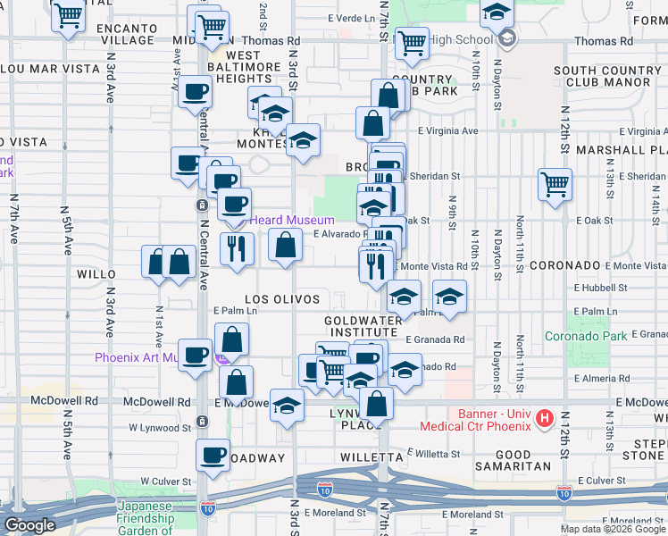 map of restaurants, bars, coffee shops, grocery stores, and more near 341 East Monte Vista Road in Phoenix