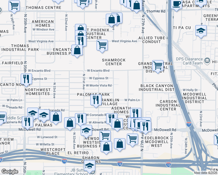 map of restaurants, bars, coffee shops, grocery stores, and more near 2909 West Monte Vista Road in Phoenix