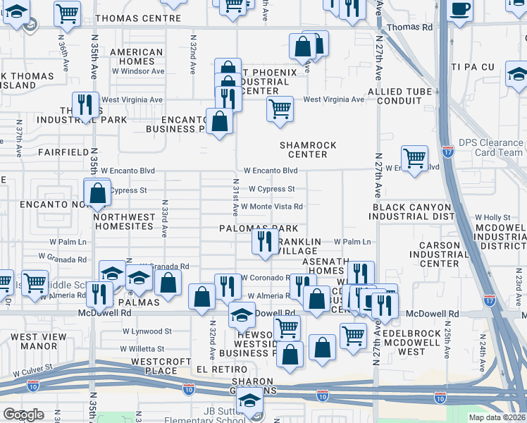 map of restaurants, bars, coffee shops, grocery stores, and more near 2947 West Monte Vista Road in Phoenix