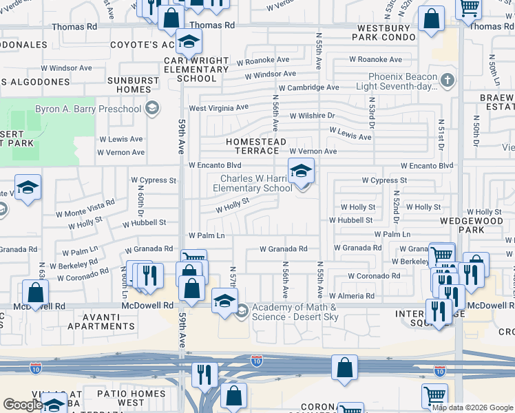 map of restaurants, bars, coffee shops, grocery stores, and more near 5638 West Hubbell Street in Phoenix