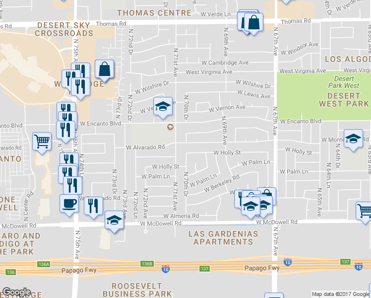 map of restaurants, bars, coffee shops, grocery stores, and more near 7018 West Holly Street in Phoenix