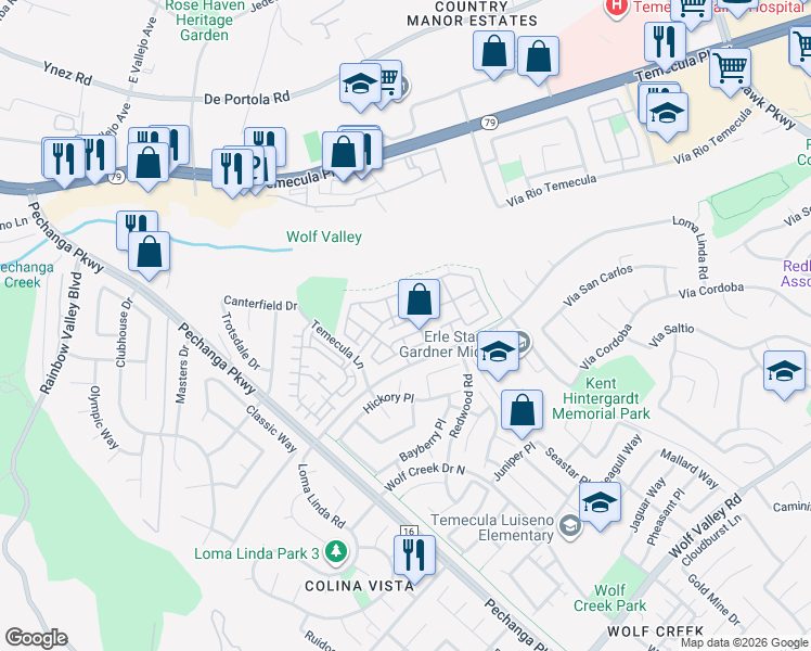 map of restaurants, bars, coffee shops, grocery stores, and more near 31180 Lavender Court in Temecula
