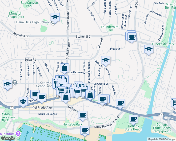 map of restaurants, bars, coffee shops, grocery stores, and more near 33862 Alcazar Drive in Dana Point