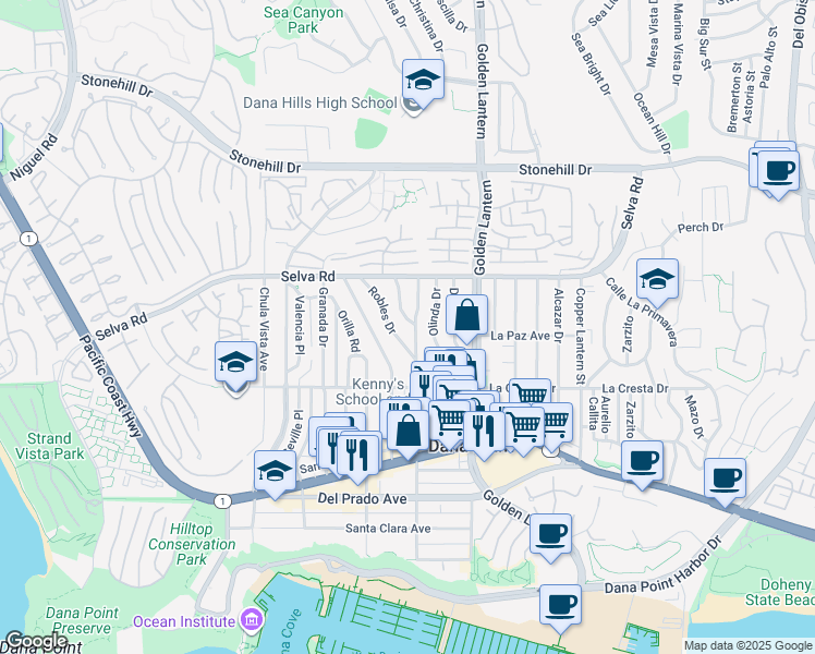 map of restaurants, bars, coffee shops, grocery stores, and more near 33859 Street of the Violet Lantern in Dana Point