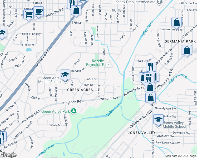 map of restaurants, bars, coffee shops, grocery stores, and more near 1499 65th Street in Birmingham