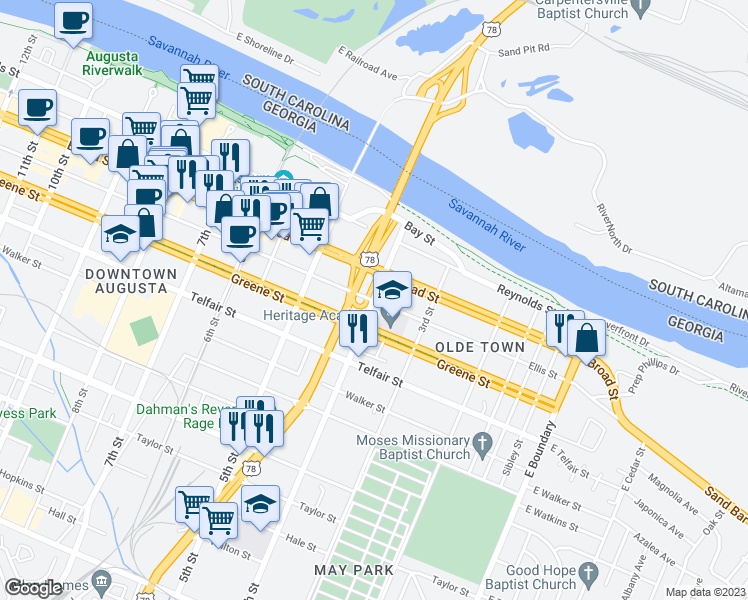 map of restaurants, bars, coffee shops, grocery stores, and more near 298 4th Street in Augusta